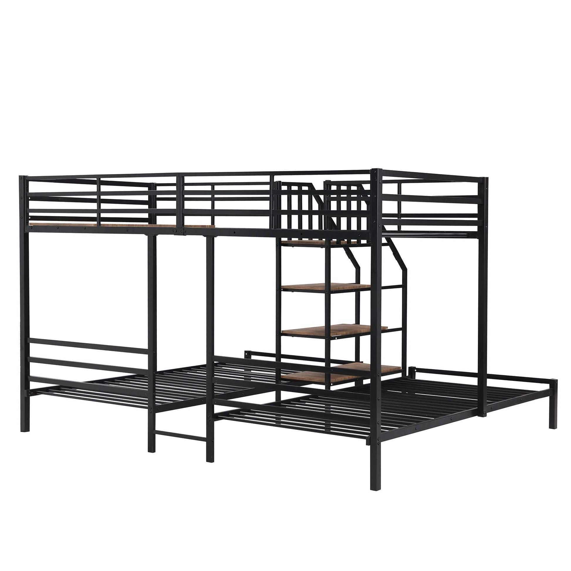 Metal Twin over Twin & Twin Bunk Bed, Triple Bunk Bed with Storage Shelves Staircase, Black - luxuryhomedecoridea.com