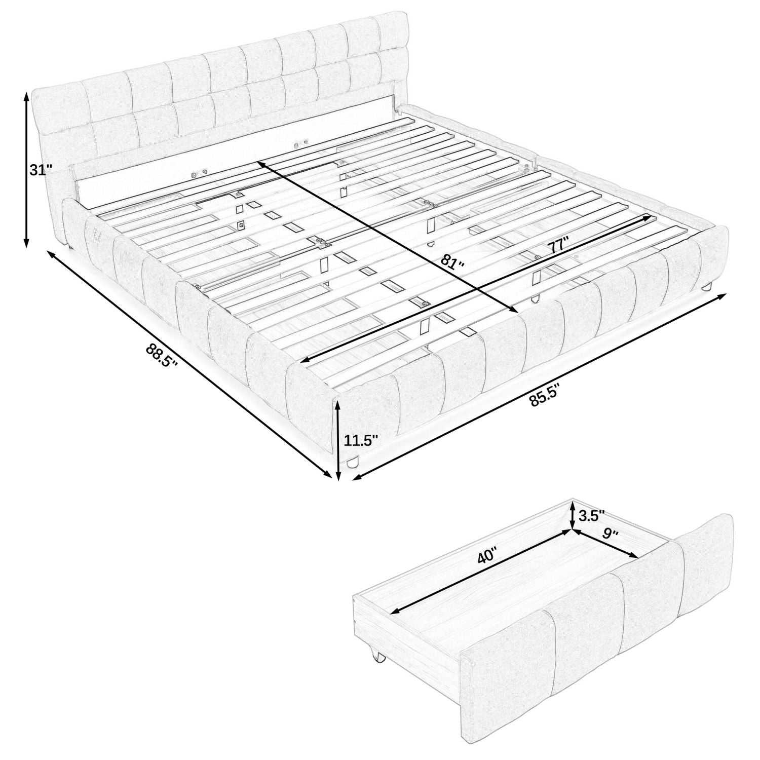 King Size Upholstered Bed ,comfortable upholstered bed frame, Chenille fabric, with headboard and solid bed frame. With drawer for storage.-Dark Gray(88.5''*85.5''*31'') - luxuryhomedecoridea.com