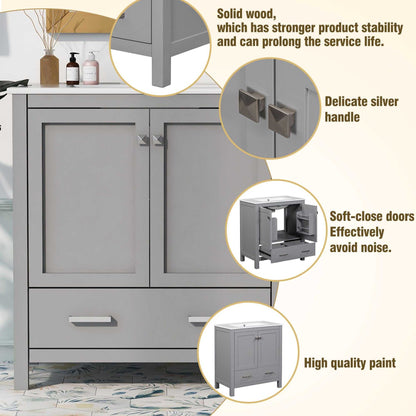 30" Bathroom Vanity with Single Sink, Combo Cabinet Undermount Sink, Bathroom Storage Cabinet with 2 Doors and a Drawer, Soft Closing, Multifunctional Storage, Solid Wood Frame - luxuryhomedecoridea.com