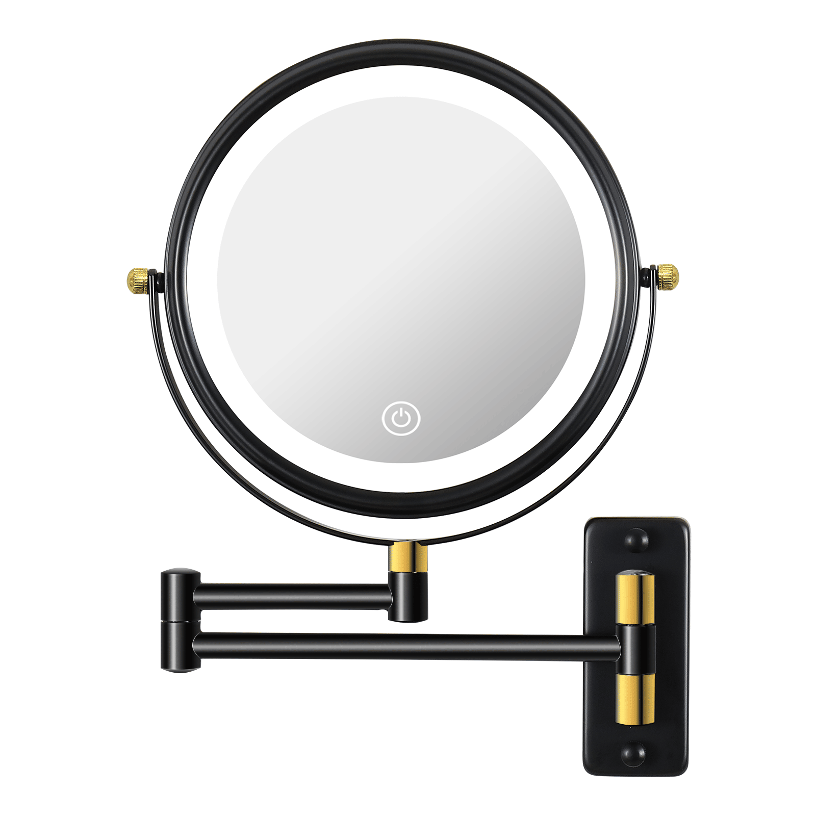 8.6" Wall Mounted Makeup Mirror with LED Lights, Double Sided 1X/10X Magnifying Mirror, 360° Swivel Bathroom Vanity Mirror with Extension Arm, Built-in Battery, Black + Gold - luxuryhomedecoridea.com