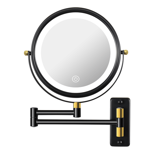 8.6" Wall Mounted Makeup Mirror with LED Lights, Double Sided 1X/10X Magnifying Mirror, 360° Swivel Bathroom Vanity Mirror with Extension Arm, Built-in Battery, Black + Gold luxury home decor