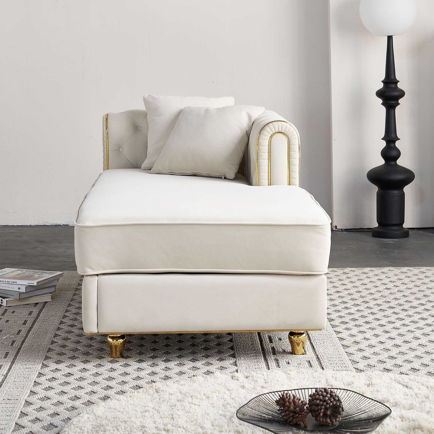 66.9''W Velvet Chaise Lounge,Luxury Modern Chaise Furniture,Tufted Back with 2pcs toss pillows for Living Room,Bedroom,Apartment,Beige Color - luxuryhomedecoridea.com
