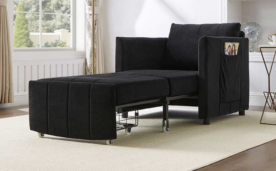Upholstered Convertible Sleeper Sofa, 31.5" Pull Out Sofa Bed with 5-Position Adjustable Backrest, Side Pockets and a Storage Basket, Fold Out Chair Bed, Lounger For Living Room, Apartment, Black - luxuryhomedecoridea.com