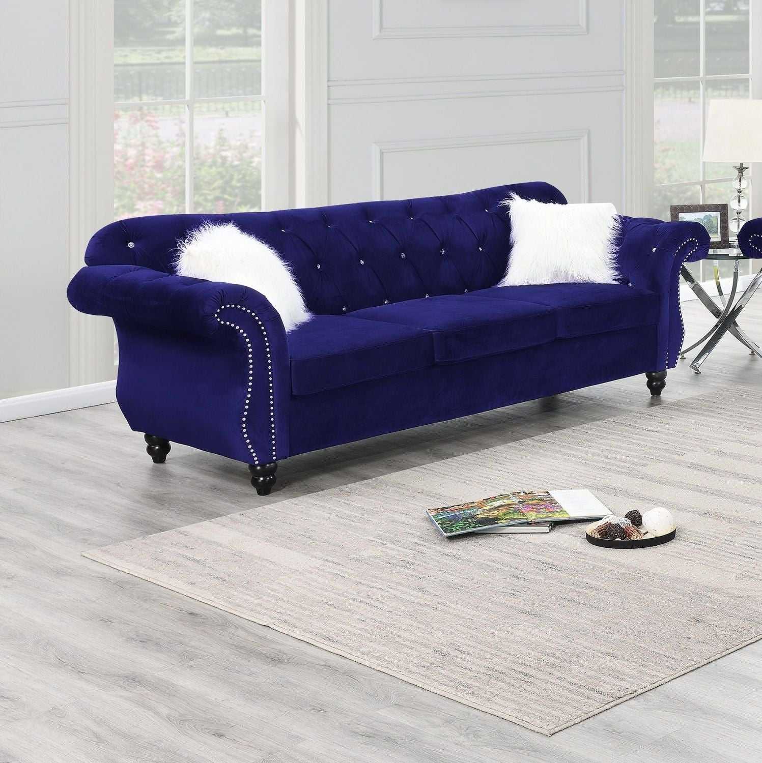 Formal Luxury Look 1pc Indigo Velvet Sofa w Pillows Living Room Furniture Couch - luxuryhomedecoridea.com