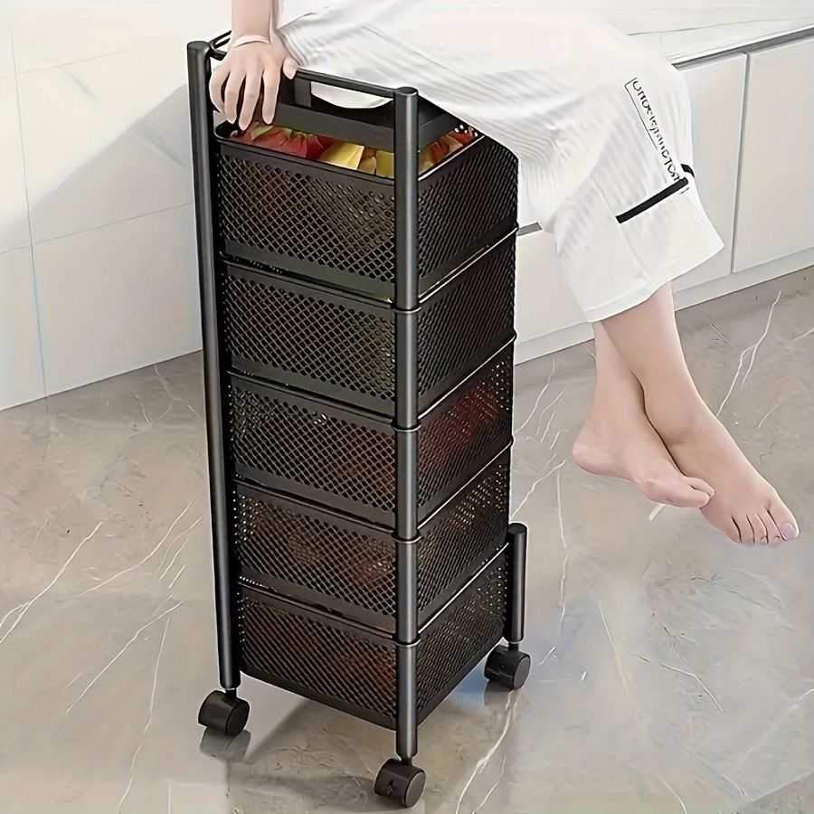 Rotating Kitchen Storage Shelf 5 Tier, Metal Fruit Vegetable Storage Basket Multi-Layer Vegetable Rack Storage Trolley on Wheels, Floor-Standing Basket for Kitchen Bathroom, Square - luxuryhomedecoridea.com