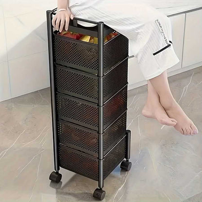 Rotating Kitchen Storage Shelf 5 Tier, Metal Fruit Vegetable Storage Basket Multi-Layer Vegetable Rack Storage Trolley on Wheels, Floor-Standing Basket for Kitchen Bathroom, Square - luxuryhomedecoridea.com