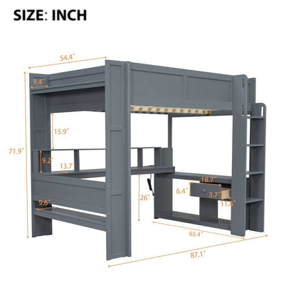Wood Full Size Gaming Loft Bed with Desk, Multi-storage Shelves, LED and Charging Station, Dark Gray(Old SKU:SM000374AAE) - luxuryhomedecoridea.com