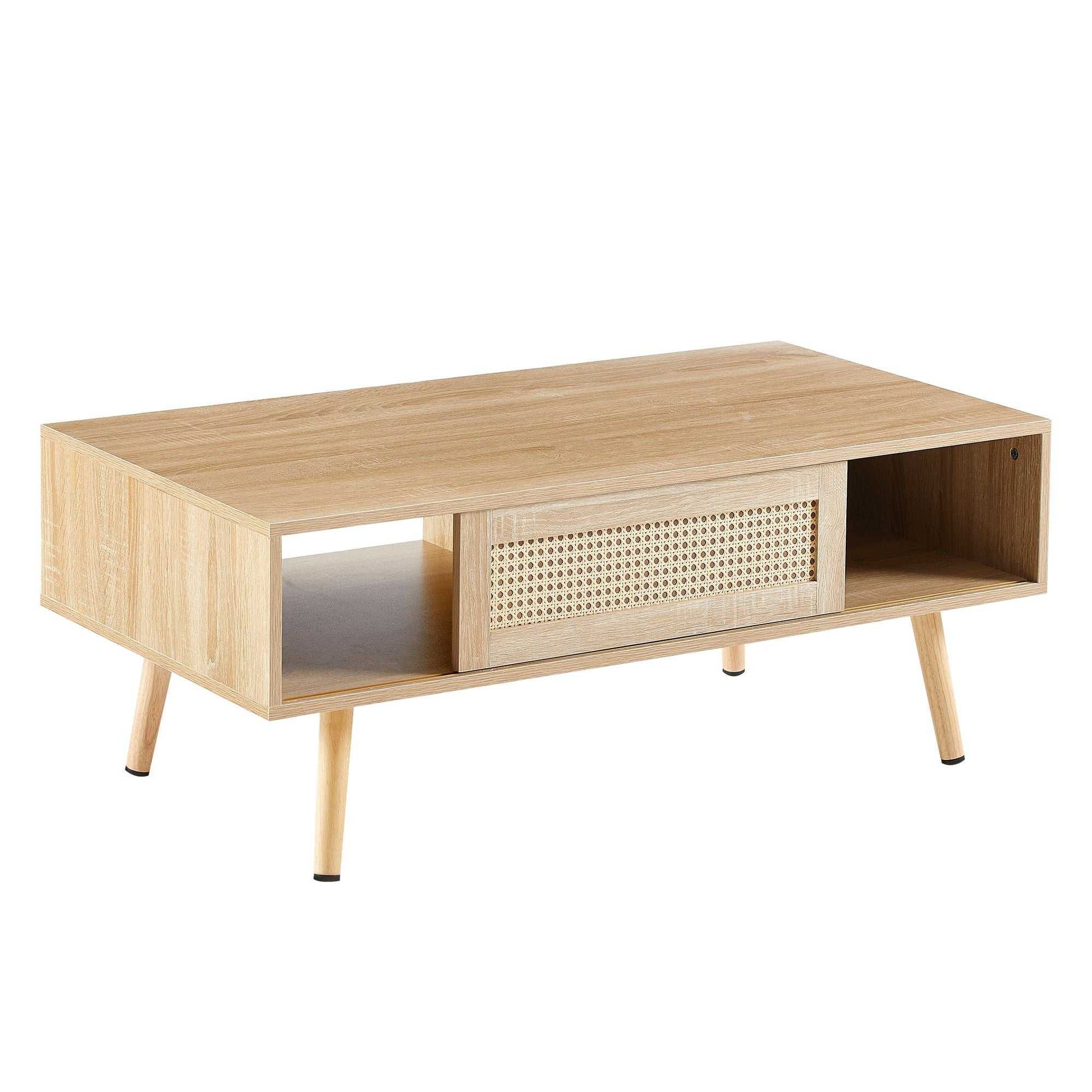 41.34" Rattan Coffee table, sliding door for storage, solid wood legs, Modern table for living room - luxuryhomedecoridea.com