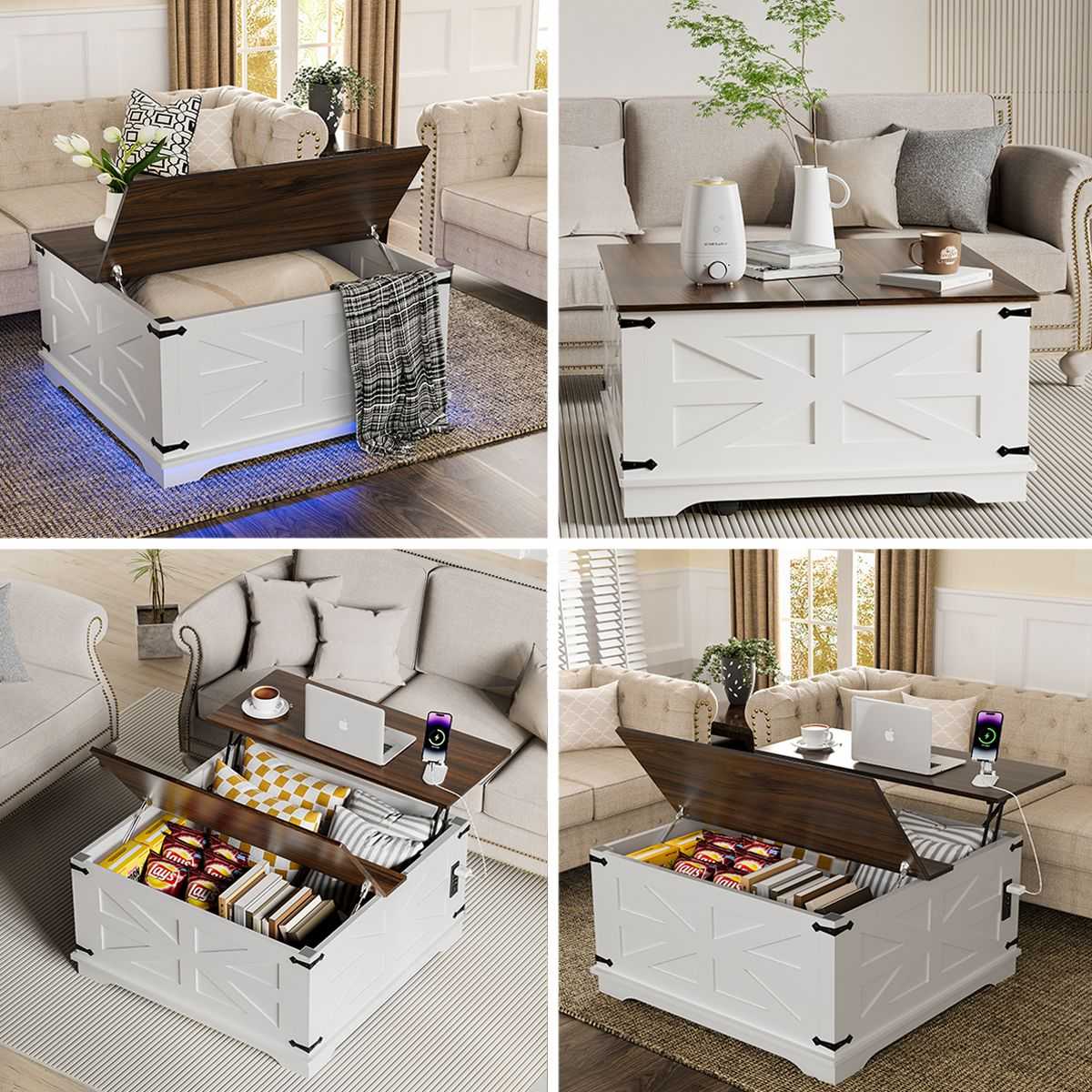 36" Farmhouse Coffee Table with Lift-Top, USB Charging Station & Hidden Storage - Sturdy Wooden Base, - luxuryhomedecoridea.com