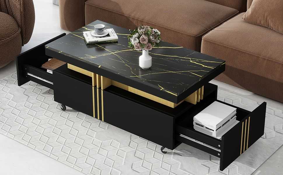 [VIDEO provided] ON-TREND Contemporary Coffee Table with Faux Marble Top, Rectangle Cocktail Table with Caster Wheels, Moderate Luxury Center Table with Gold Metal Bars for Living Room, Black - luxuryhomedecoridea.com