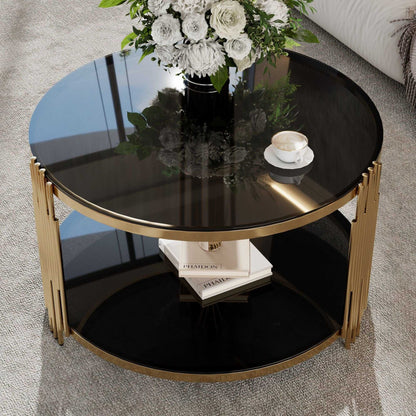 Modern Black Mirror Coffee Table, Asymmetrical Metal, Circular Metal Drum Base, Gold Finish & Lower Shelf - luxuryhomedecoridea.com