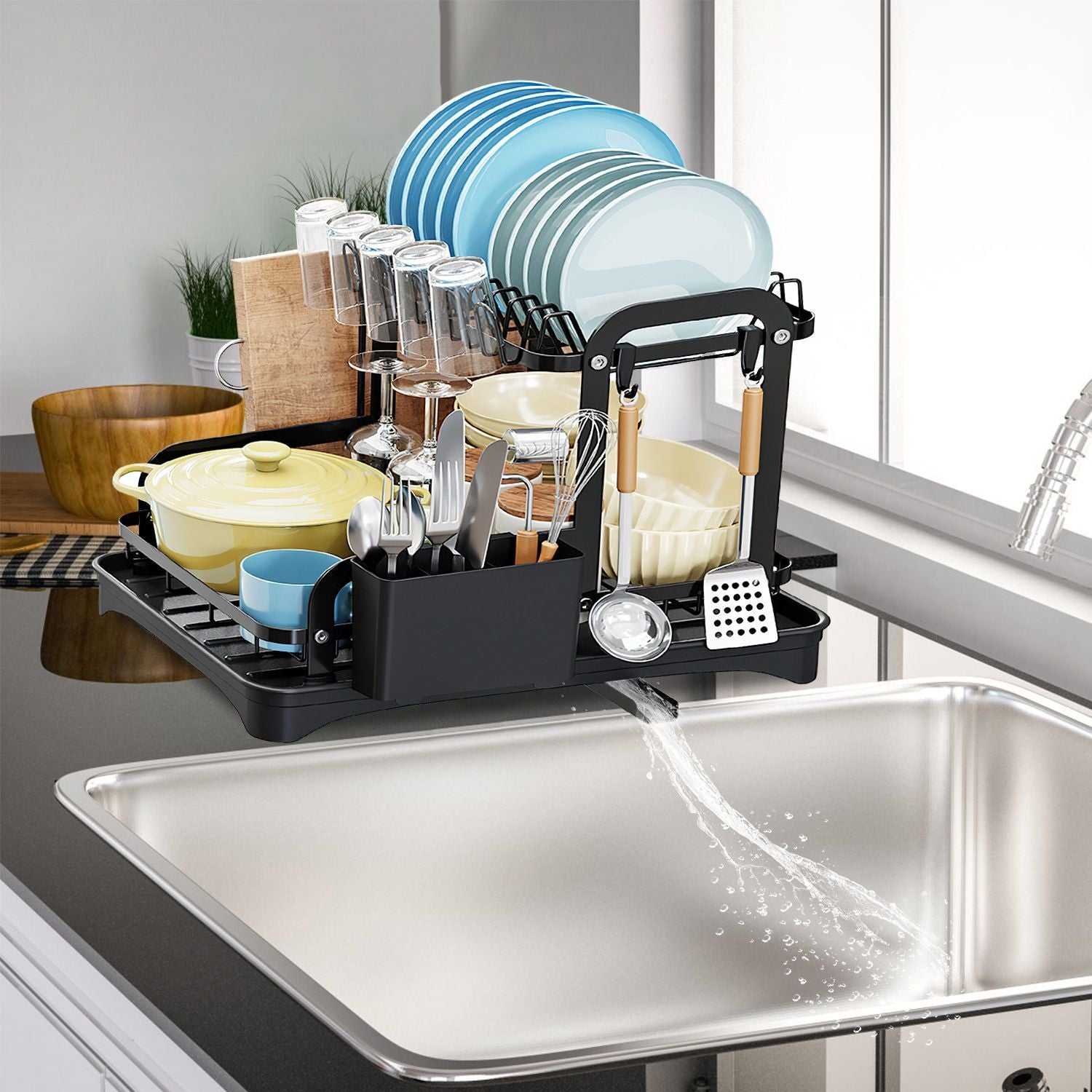 2-Tier Dish Drying Rack for Kitchen Counter Space Saving Rustproof Dish Rack with Drainboard Detachable Kitchen Drainer Organizer Set - luxuryhomedecoridea.com