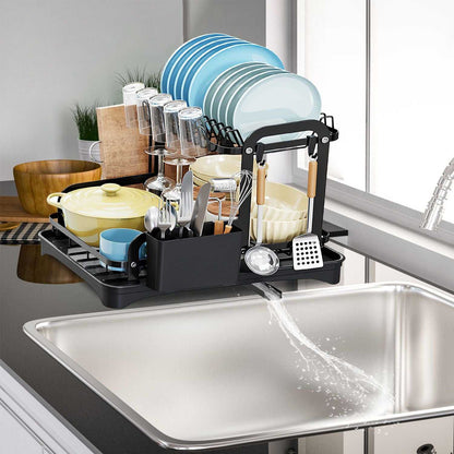 2-Tier Dish Drying Rack for Kitchen Counter Space Saving Rustproof Dish Rack with Drainboard Detachable Kitchen Drainer Organizer Set - luxuryhomedecoridea.com