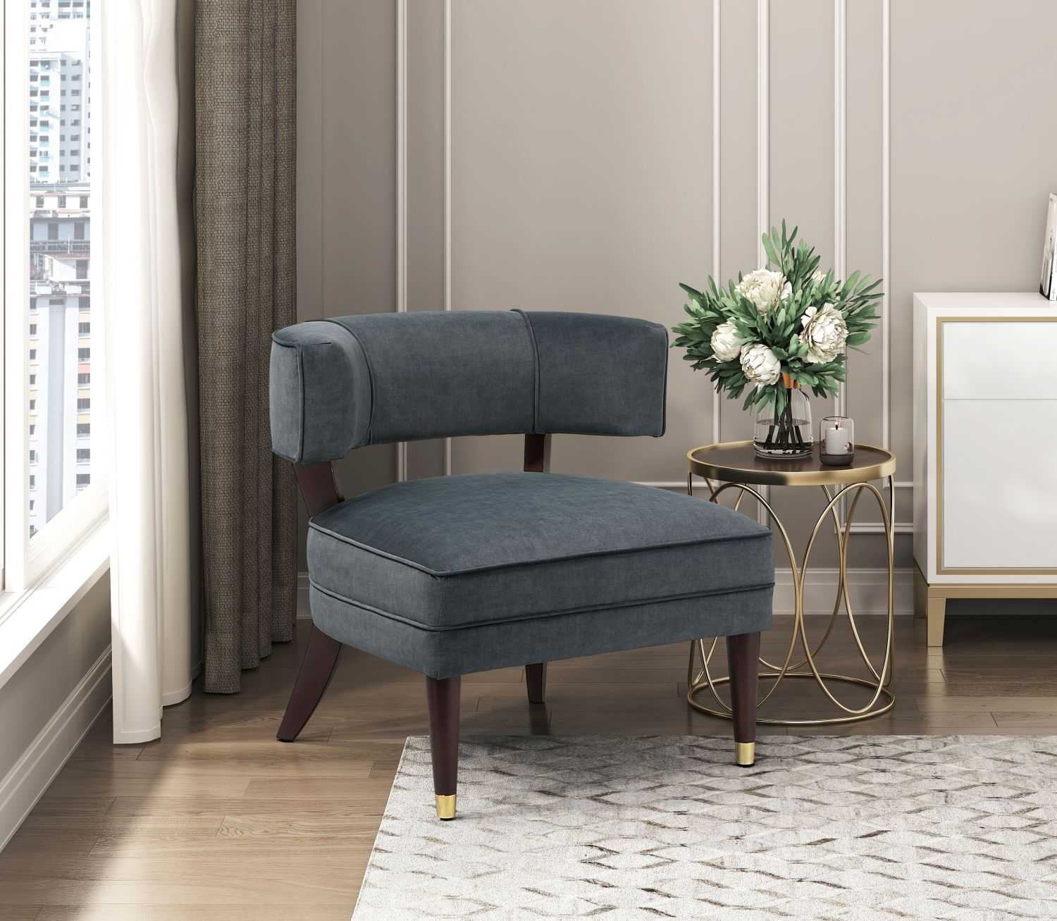 Elegant Style Accent Chair Dark Gray Velvet Upholstery Barrel-Back Solid Wood Luxury Living Room Furniture 1pc - luxuryhomedecoridea.com