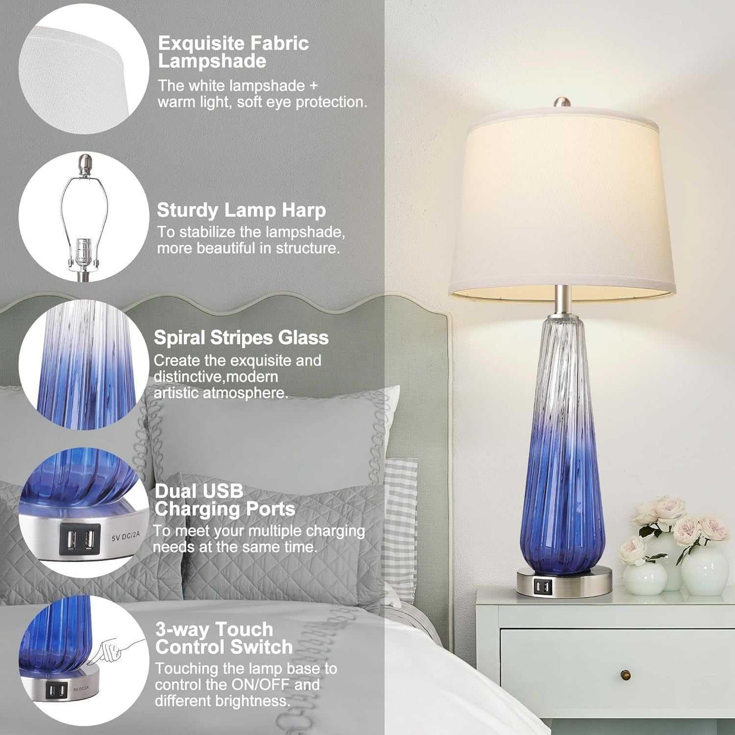 Table Lamps Set of 2 with Touch Control, 3-Way Dimmable Modern Glass Bedside Lamps with USB A+C Ports, Nightstand Lamp with White Fabric Shade, 27.5" Large Lamps for Living Room Bedrooms Decorations - luxuryhomedecoridea.com