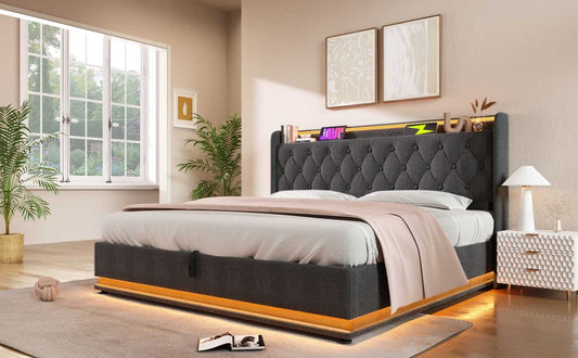 King size Upholstered bed, 360 surround LED function, Buttons/Apps/Remote Control, hydraulic storage bed with USB Type-C charging, Gray,Linen (Without mattress) - luxuryhomedecoridea.com