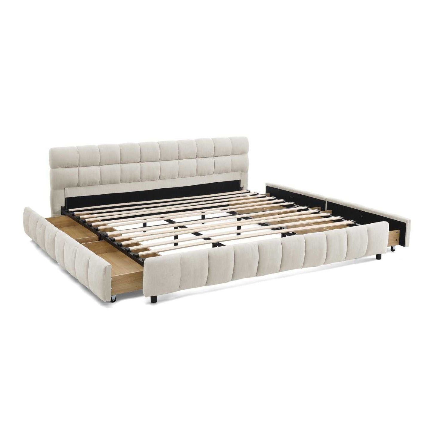 King Size Upholstered Bed ,comfortable upholstered bed frame, Chenille fabric, with headboard and solid bed frame. With drawer for storage.-Beige(88.5''*85.5''*31'') - luxuryhomedecoridea.com