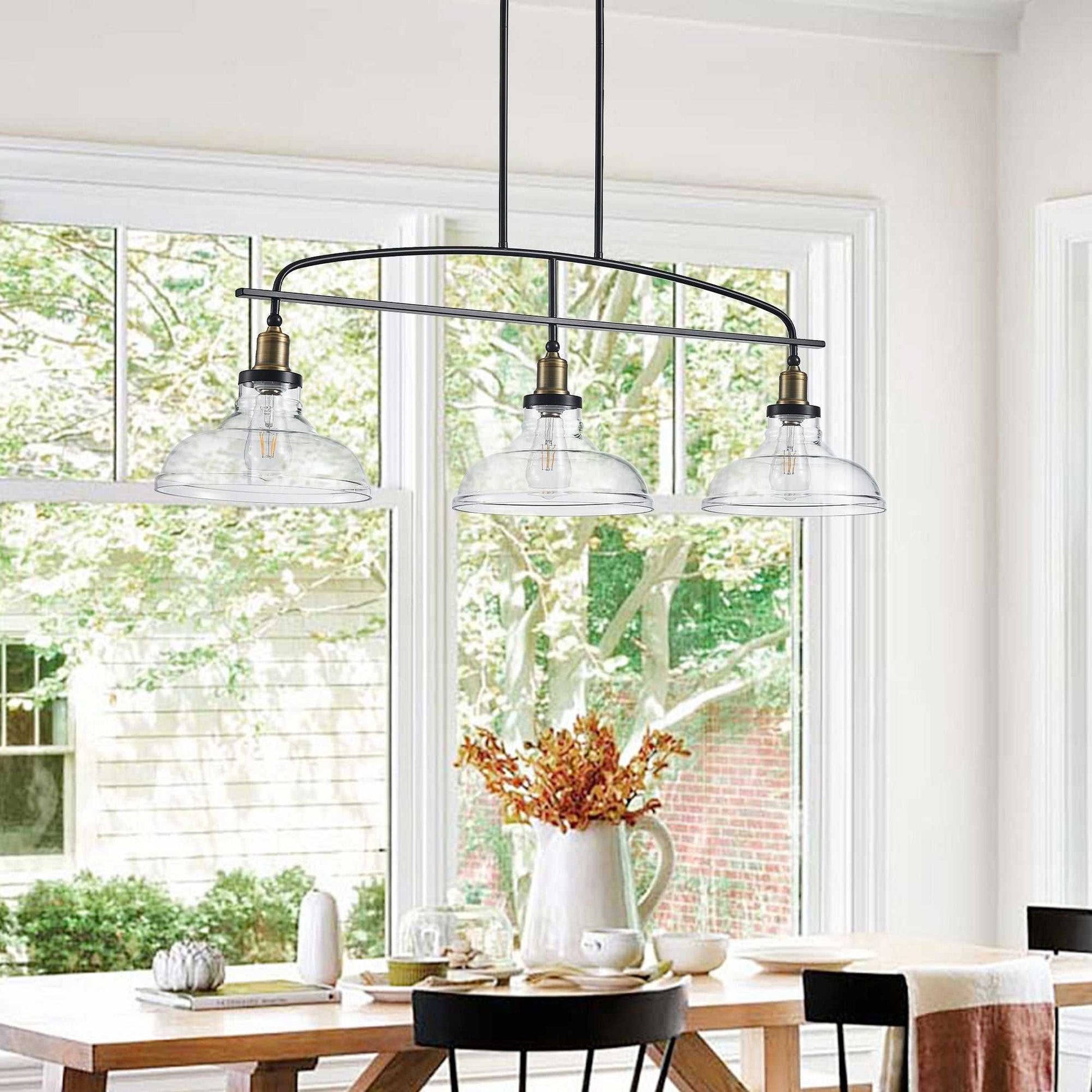 45" Industrial 3-Light Pendant Chandelier with Clear Glass Shades, Black Metal Frame, Adjustable Height, Modern Farmhouse Lighting for Kitchen Island, Dining Room, or Living Room (Bulb Not Included) - luxuryhomedecoridea.com