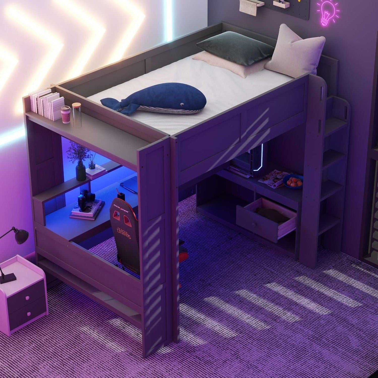 Wood Full Size Gaming Loft Bed with Desk, Multi-storage Shelves, LED and Charging Station, Dark Gray(Old SKU:SM000374AAE) - luxuryhomedecoridea.com