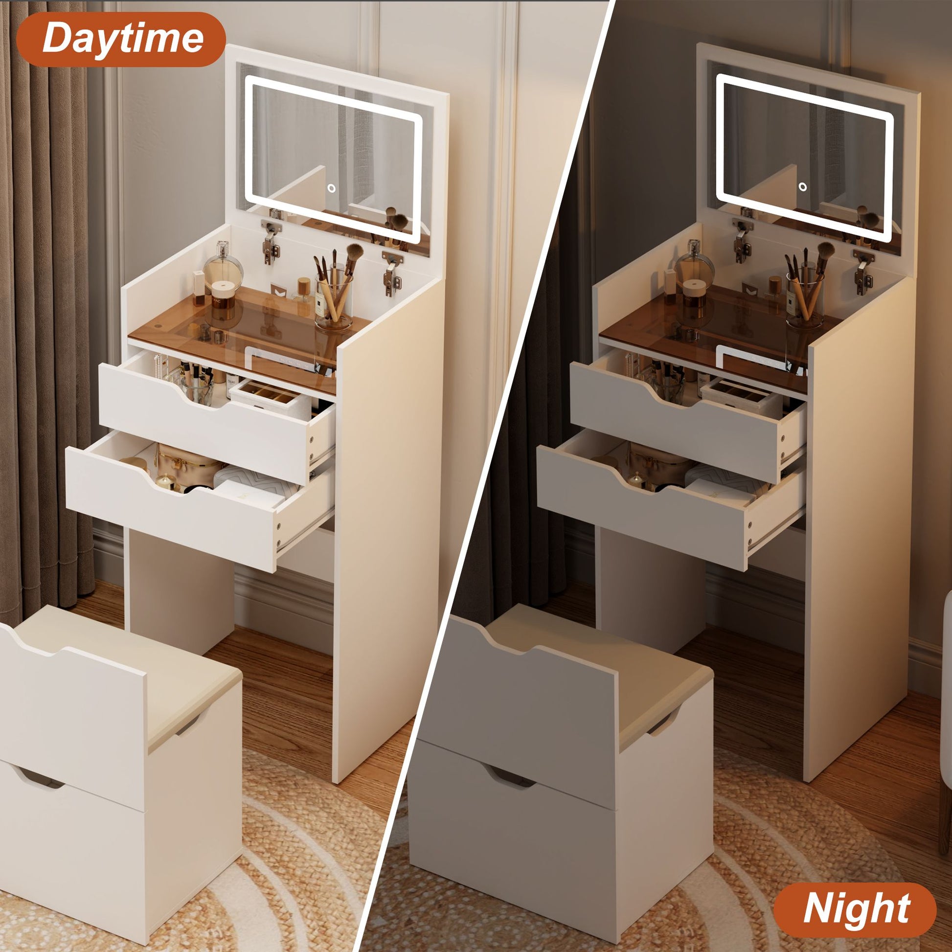 Dressing Table and Stool, 3-in-1 Multifunctional Dressing Table Set, Featuring Three-color Lighting Modes, HD Mirror, Two Sliding Drawers, and a Hidden Storage Stool - luxuryhomedecoridea.com