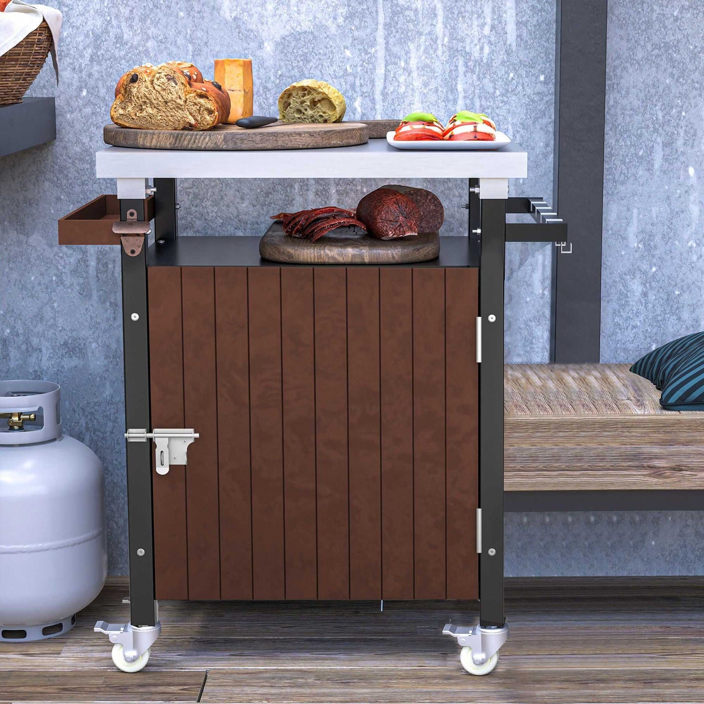 Outdoor Grill Cart with Stainless Steel Tabletop, Storage, Patio Kitchen Island with Wheels, Hooks, and Spice Rack, Waterproof Outdoor Grill Table, Movable BBQ Serving Cart Rolling Bar Cart - luxuryhomedecoridea.com