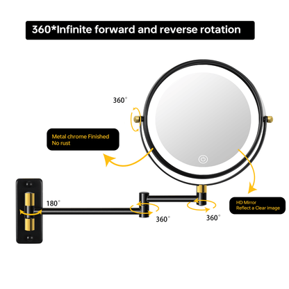 8.6" Wall Mounted Makeup Mirror with LED Lights, Double Sided 1X/10X Magnifying Mirror, 360° Swivel Bathroom Vanity Mirror with Extension Arm, Built-in Battery, Black + Gold - luxuryhomedecoridea.com