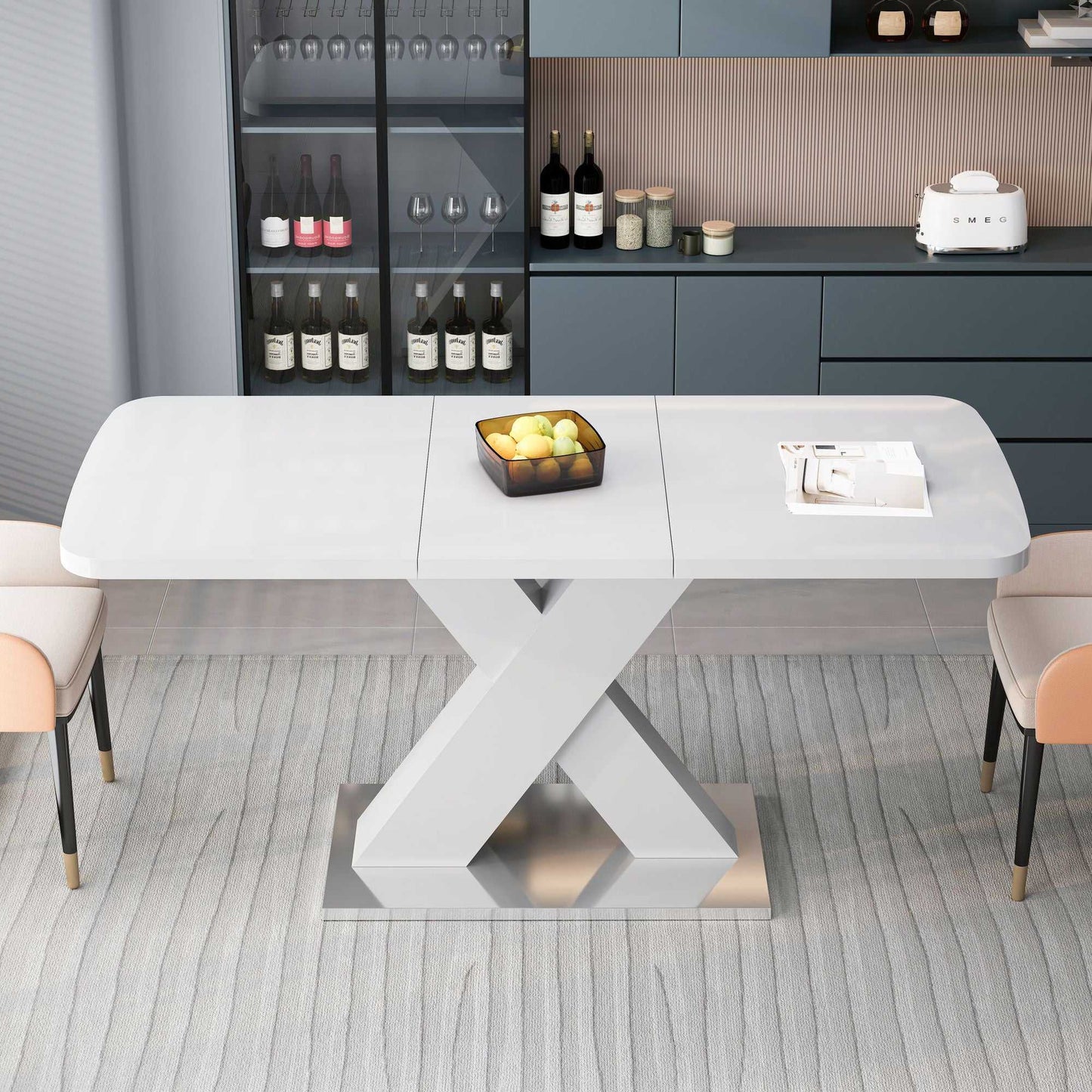 Modern Square Dining Table, Stretchable, White Table Top+MDF X-Shape Table Leg with Metal Base - luxuryhomedecoridea.com