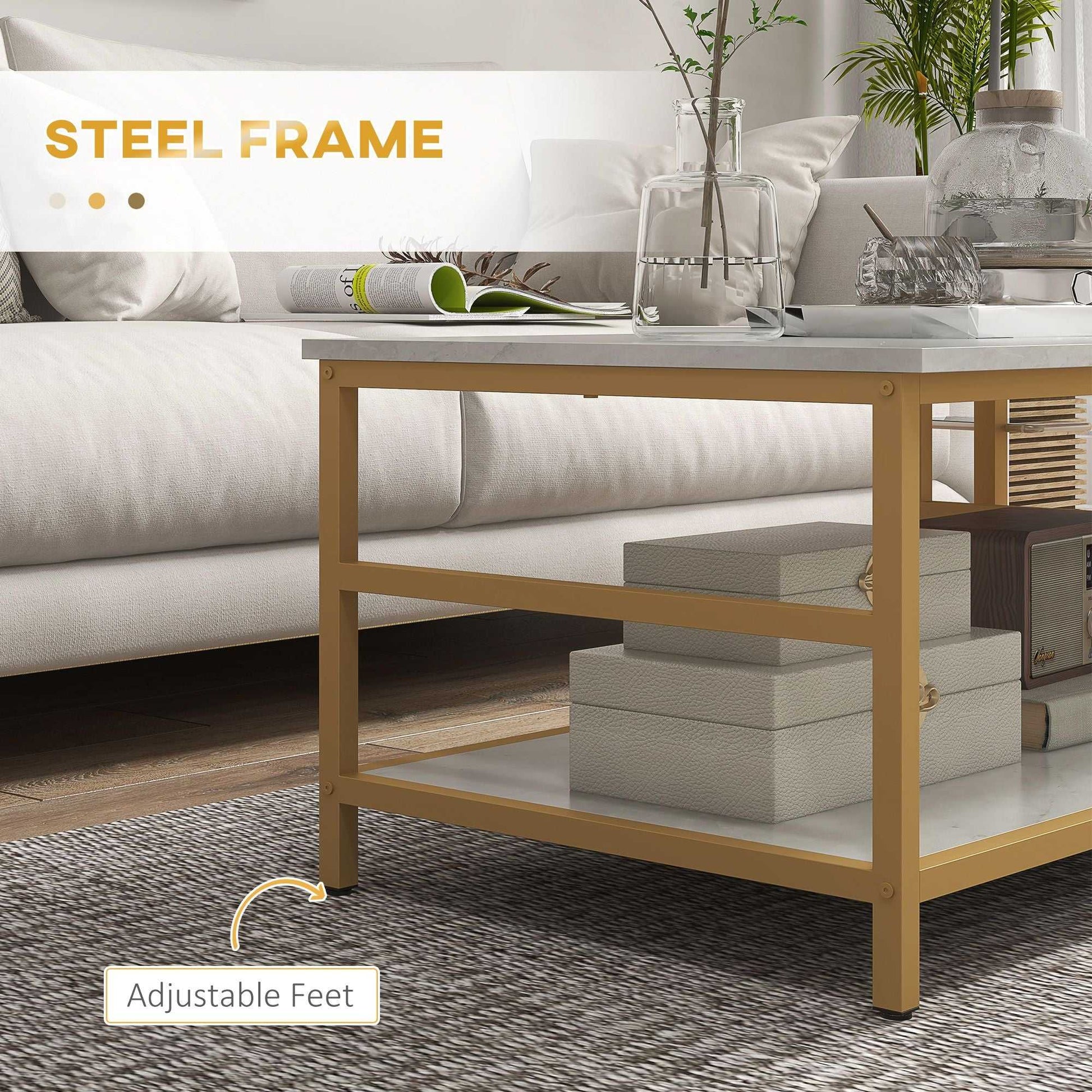 Coffee Tables Sets of 2, Rectangle and Round Coffee Table with Storage Shelves, Faux Marble Top, Living Room Table Set, White - luxuryhomedecoridea.com