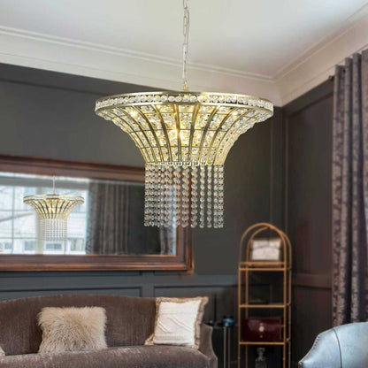 (Same as W1340P189414/L005016-D600-P8G) 24" Modern Crystal Round Chandelier with Gold Finish, Elegant Pendant Light with Cascading Beads, for Dining Room, Living Room, or Foyer (No Bulbs) - luxuryhomedecoridea.com