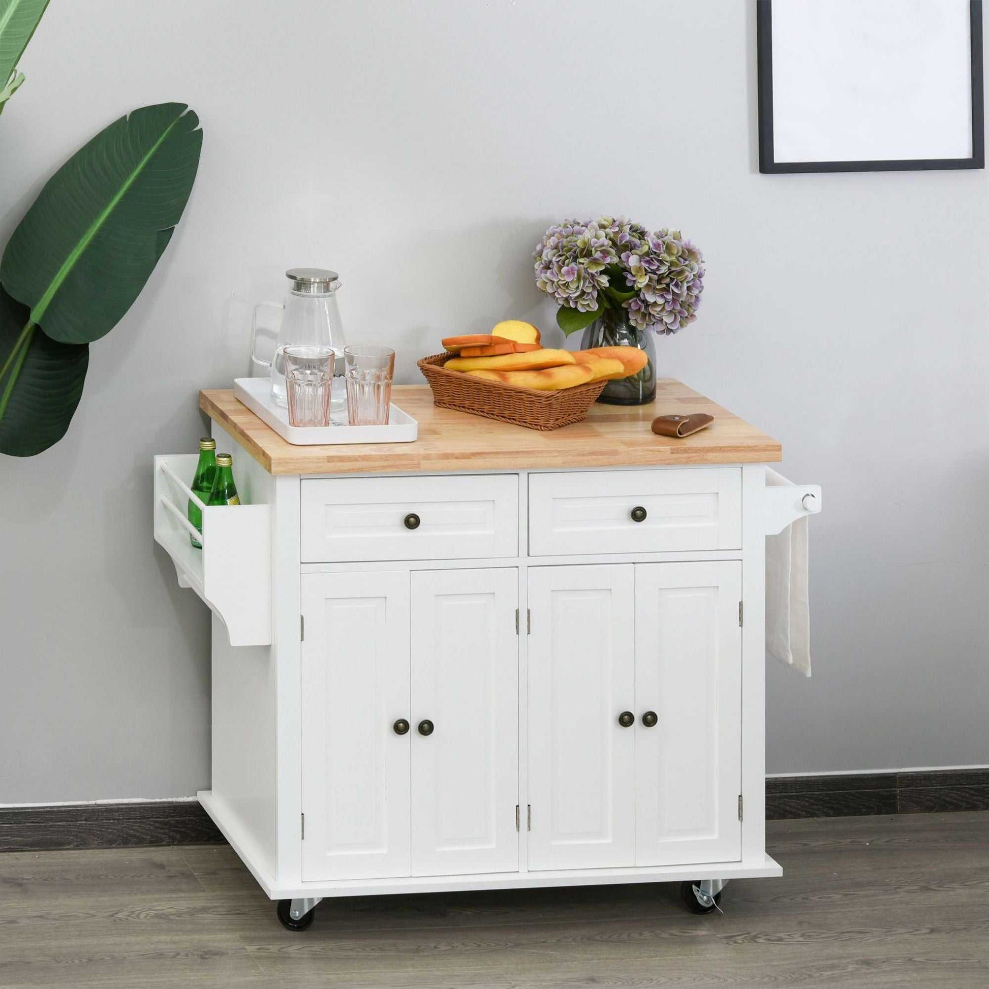 Rolling Kitchen Cart, White, Wood Top, Spice/Towel Rack, Storage Drawers, Movable Dining Room Trolley - luxuryhomedecoridea.com