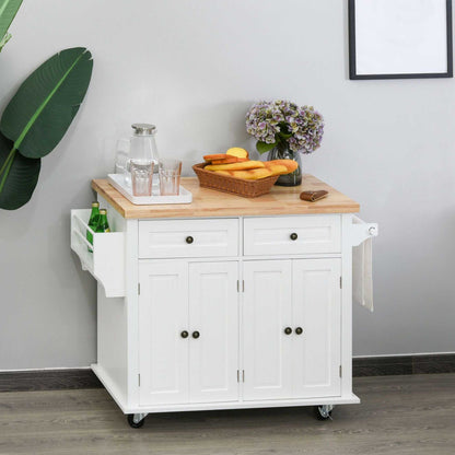 Rolling Kitchen Cart, White, Wood Top, Spice/Towel Rack, Storage Drawers, Movable Dining Room Trolley - luxuryhomedecoridea.com