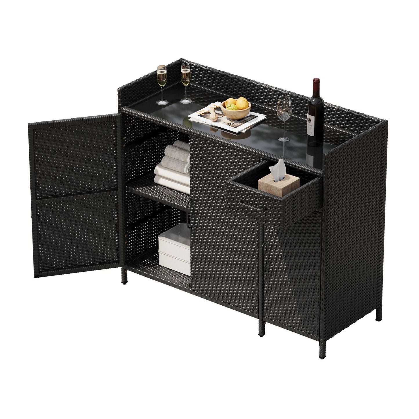 47.5"W Wicker Outdoor Storage Cabinet with Tempered Glass Desktop, Weather-proof Rattan Bar Table with Three Doors, Adjustable Shelf, and One Drawer, for Outdoor Cushions, Pool Toys - luxuryhomedecoridea.com