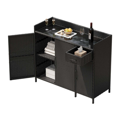 47.5"W Wicker Outdoor Storage Cabinet with Tempered Glass Desktop, Weather-proof Rattan Bar Table with Three Doors, Adjustable Shelf, and One Drawer, for Outdoor Cushions, Pool Toys - luxuryhomedecoridea.com