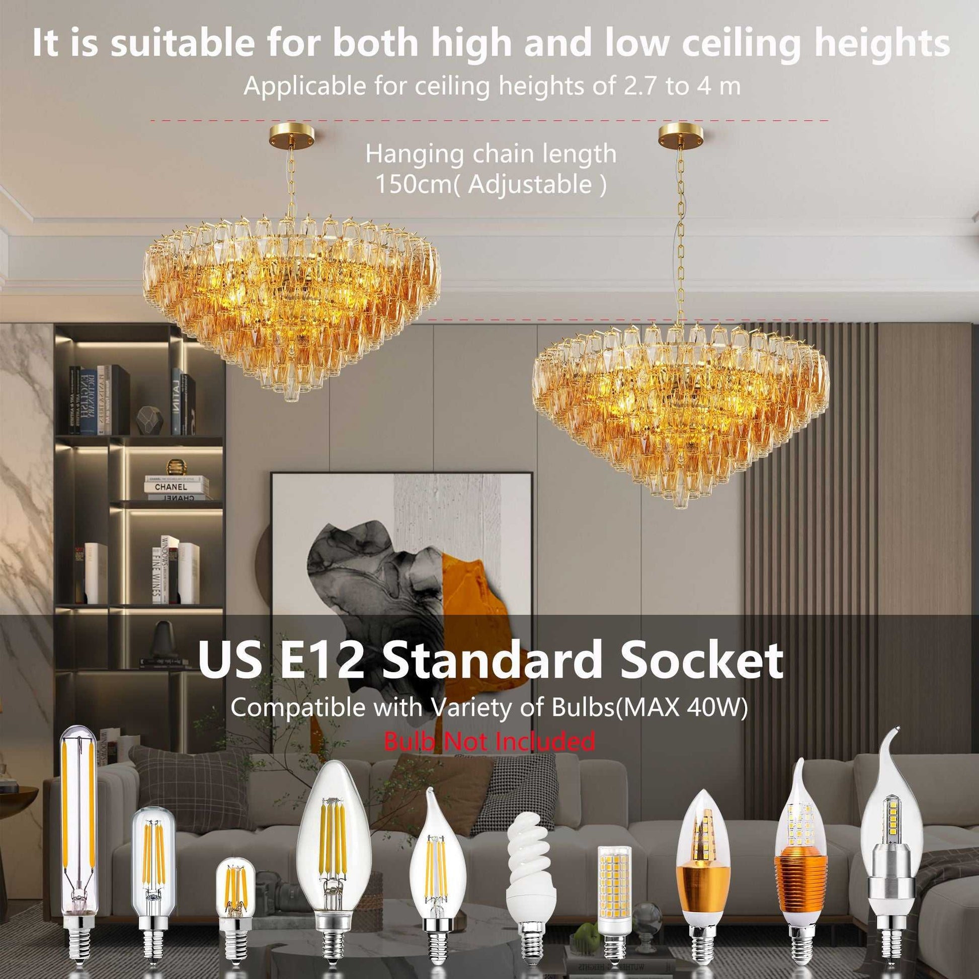 37" Extra Large Chandelier, 14-Light Gold Modern Round Chandelier for Living Room, Tiered Smoke Blown Glass Brass Chandeliers, Hanging Light Fixture for Bedroom, Dining Room, Foyer, Entryway - luxuryhomedecoridea.com
