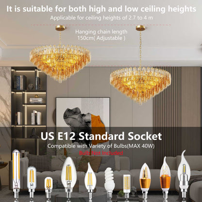 37" Extra Large Chandelier, 14-Light Gold Modern Round Chandelier for Living Room, Tiered Smoke Blown Glass Brass Chandeliers, Hanging Light Fixture for Bedroom, Dining Room, Foyer, Entryway - luxuryhomedecoridea.com