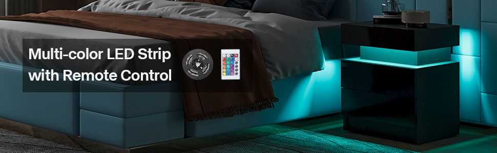 Modern Wood Black Nightstand for Bedroom Furniture with LED Light 2 Drawers Flipping Top Storage Bedside Table - luxuryhomedecoridea.com