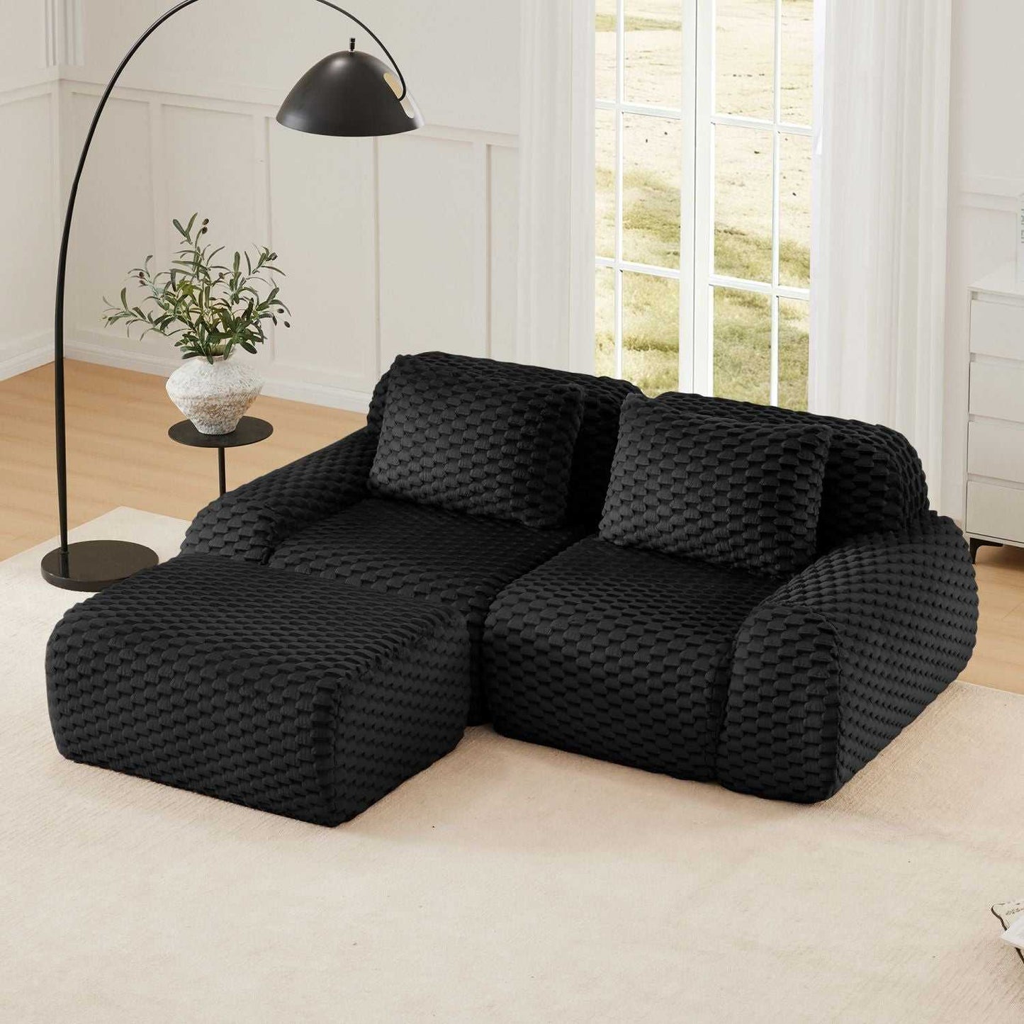 82" Modern L-Shaped Modular Sectional Sofa for Living Room,Flannelette Fabric,Oversized 2-Seater Couch,Deep Seat,Boneless sofa,Movable Ottoman,Buckle connection,Anti-slip Design,No Assembly,Black - luxuryhomedecoridea.com