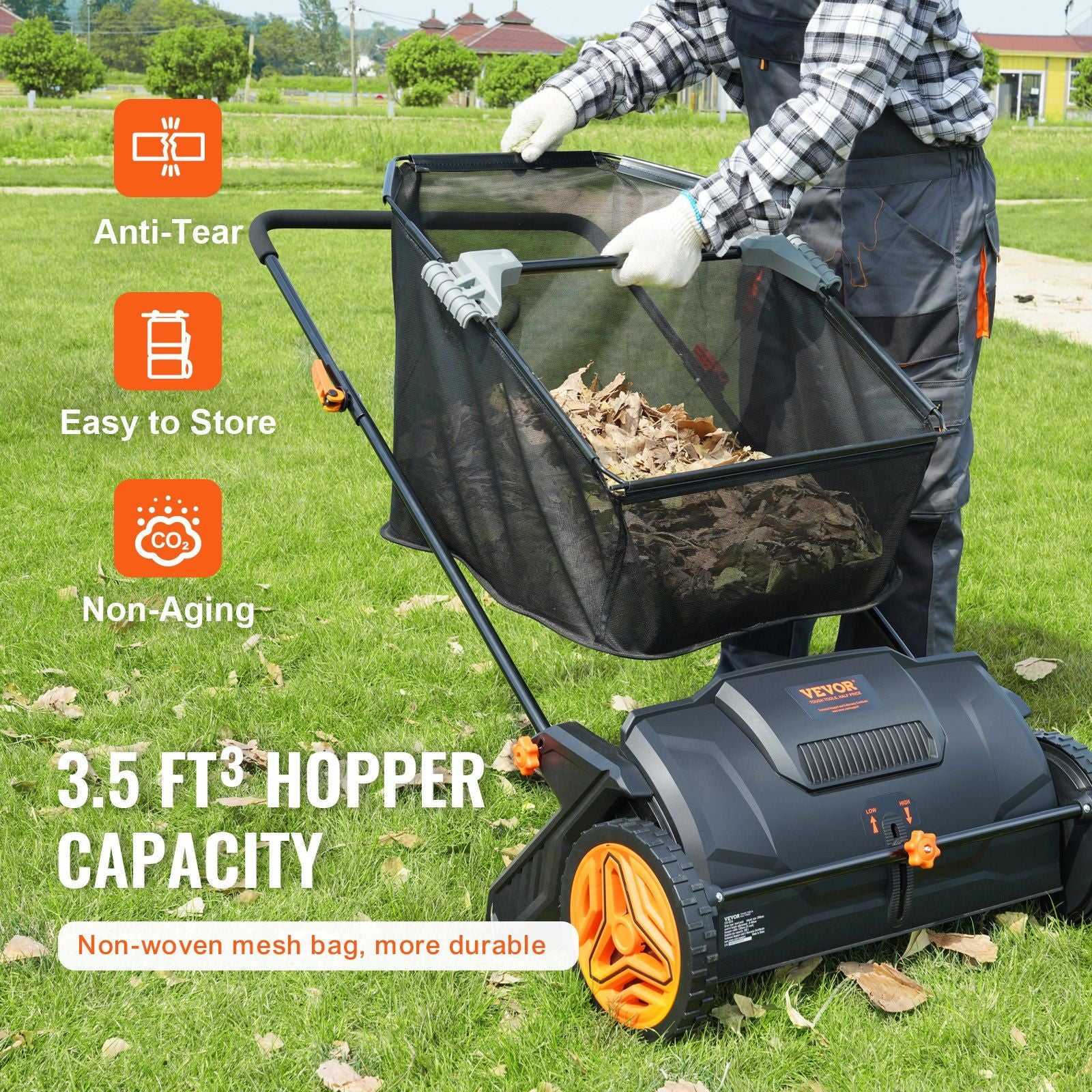 VEVOR Push Lawn Sweeper, 21inch Leaf & Grass Collector, Strong Plastic Wheels & Heavy Duty Thickened Steel Durable to Use with Large Capacity 3.5 cu. ft. Mesh Collection Hopper Bag, 2 Spinning Brushes - luxuryhomedecoridea.com