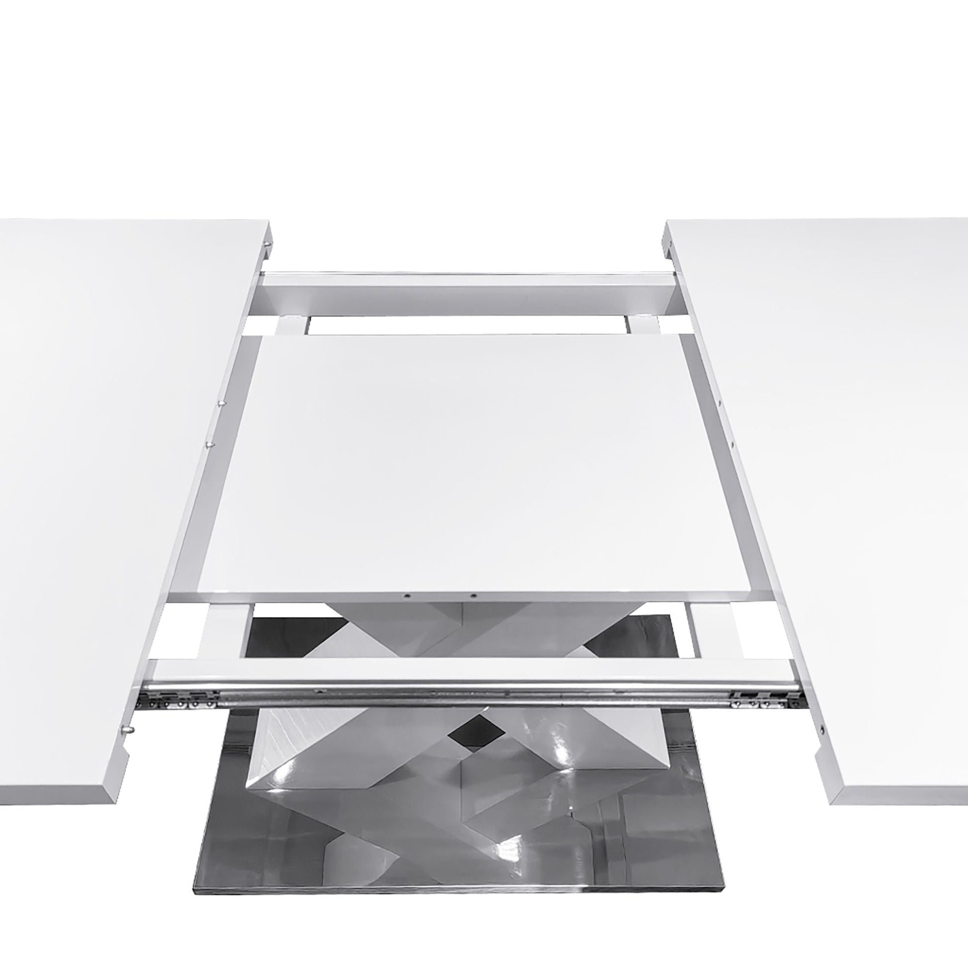 Modern Square Dining Table, Stretchable, White Table Top+MDF X-Shape Table Leg with Metal Base - luxuryhomedecoridea.com