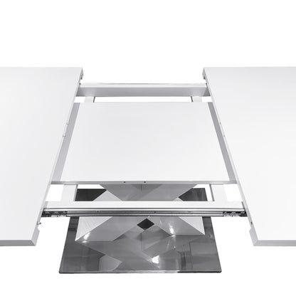 Modern Square Dining Table, Stretchable, White Table Top+MDF X-Shape Table Leg with Metal Base - luxuryhomedecoridea.com