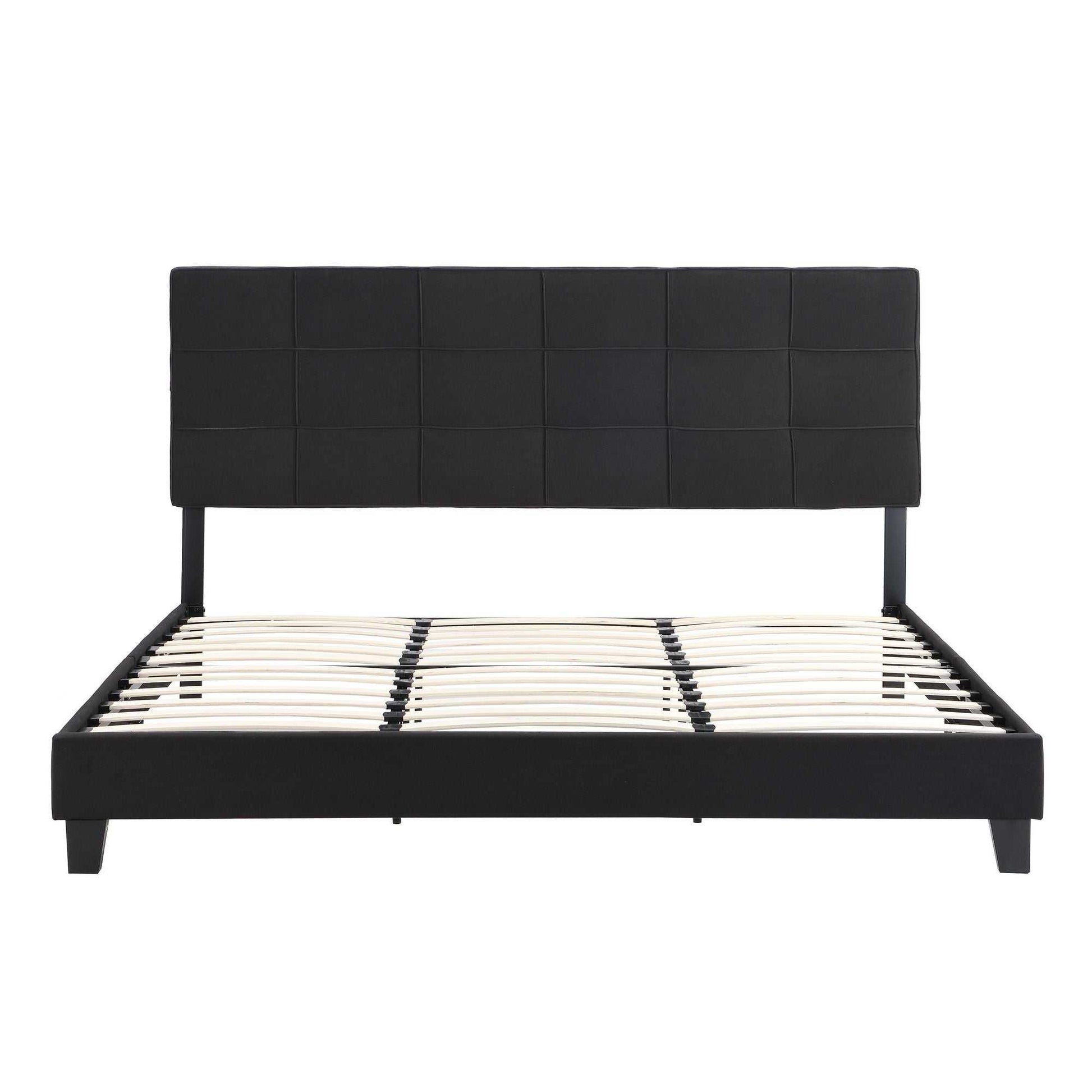 King Size Upholstered Platform Bed Frame with Linen Fabric Headboard, No Box Spring Needed, Wood Slat Support, Easy Assembly, BLACK - luxuryhomedecoridea.com