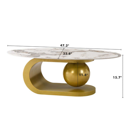 Modern Oval Coffee Table for Living Room, Marble Pattern Sintered Stone Coffee Tabletop with Gold Stainless Steel Base in 47.2" - luxuryhomedecoridea.com