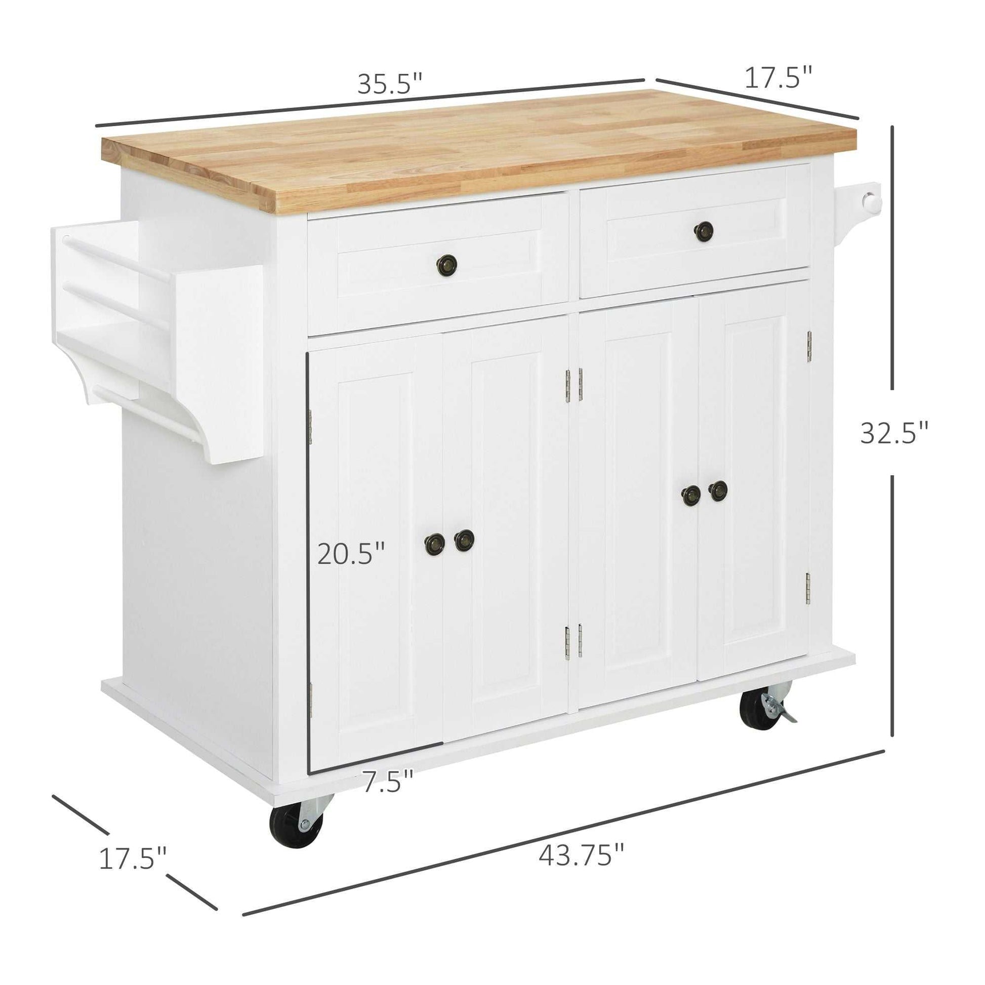 Rolling Kitchen Cart, White, Wood Top, Spice/Towel Rack, Storage Drawers, Movable Dining Room Trolley - luxuryhomedecoridea.com