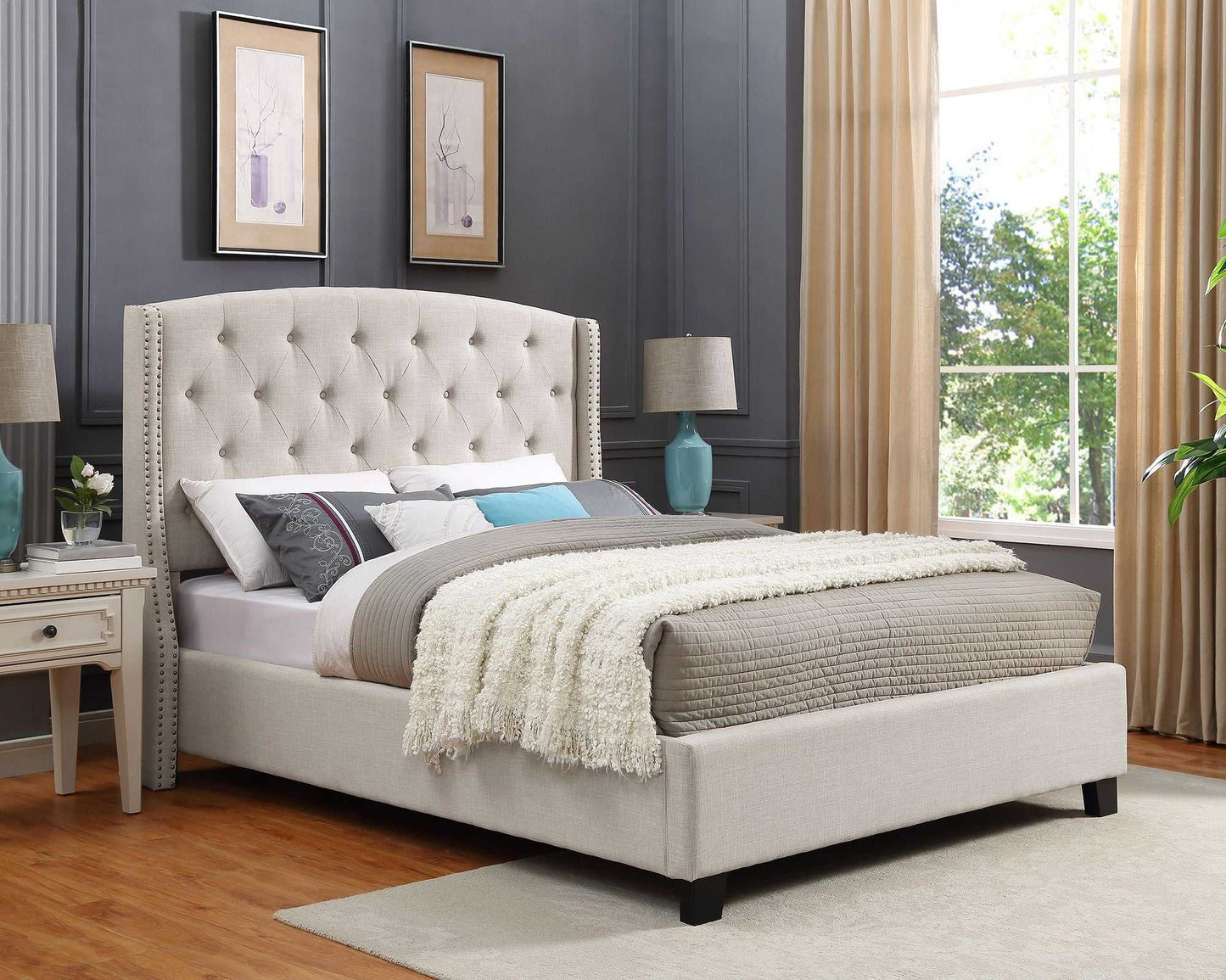 Nantarre Fabric Button Tufted Wingback Upholstered Bed with Nail Head Trim, Beige - luxuryhomedecoridea.com