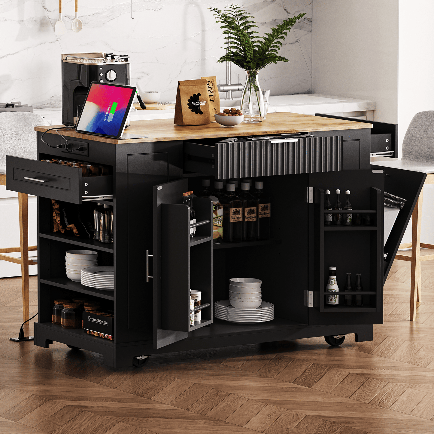 Fluted Kitchen Island with Trash Can Storage Cabinet, Power Outlet, Internal Storage Rack, Rolling Kitchen Islands on 5 Wheels with 3 Drawer, 3 Open Side Racks for 10 Gallon Garbage Bin - luxuryhomedecoridea.com