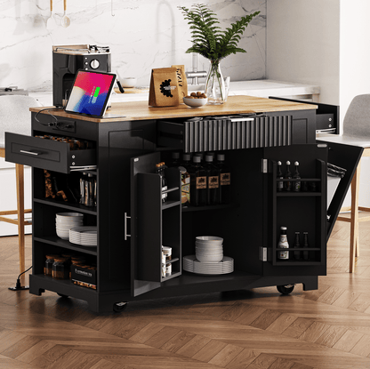 Fluted Kitchen Island with Trash Can Storage Cabinet, Power Outlet, Internal Storage Rack, Rolling Kitchen Islands on 5 Wheels with 3 Drawer, 3 Open Side Racks for 10 Gallon Garbage Bin - luxuryhomedecoridea.com