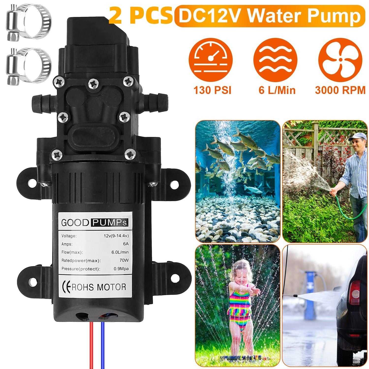 12V Water Pump with 2 Hose Clamps 130PSI Self Priming Sprayer Pump 70W Electric Diaphragm Water Pump 6L/Min for RV Camper Marine Boat - luxuryhomedecoridea.com