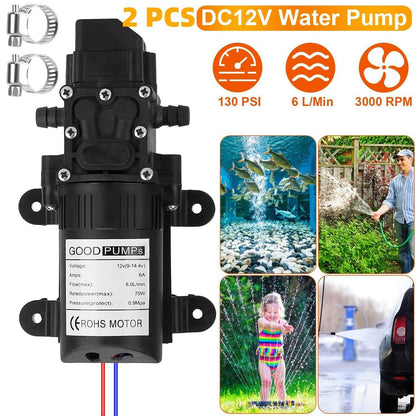 12V Water Pump with 2 Hose Clamps 130PSI Self Priming Sprayer Pump 70W Electric Diaphragm Water Pump 6L/Min for RV Camper Marine Boat - luxuryhomedecoridea.com