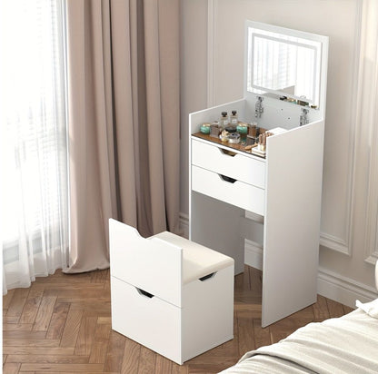 Dressing Table and Stool, 3-in-1 Multifunctional Dressing Table Set, Featuring Three-color Lighting Modes, HD Mirror, Two Sliding Drawers, and a Hidden Storage Stool - luxuryhomedecoridea.com