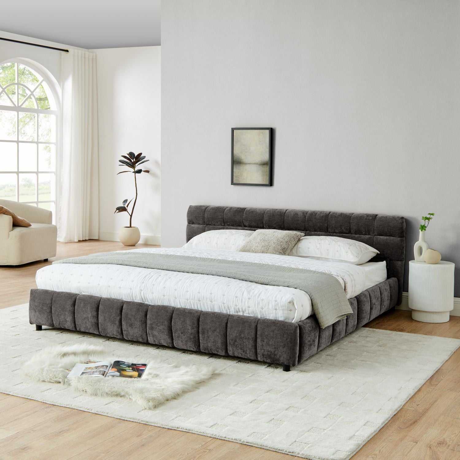 King Size Upholstered Bed ,comfortable upholstered bed frame, Chenille fabric, with headboard and solid bed frame. With drawer for storage.-Dark Gray(88.5''*85.5''*31'') - luxuryhomedecoridea.com